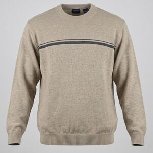Arrow Mens Large Tan Cotton Sweater Pullover Crewneck Chest Stripe Ribbed Knit